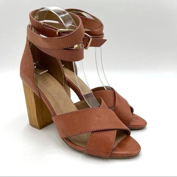 RAYE Leather Lily Wood Heel Ankle Wrap Sandals 7 - Picture 1 of 8